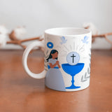 Collection of beautiful First Communion ceramic sublimation children's mugs with Catholic prints to remind us of our faith and to encourage us to pray daily. Dishwasher proof.