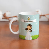 Collection of beautiful First Communion ceramic sublimation children's mugs with Catholic prints to remind us of our faith and to encourage us to pray daily. Dishwasher proof.