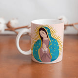 collection of beautiful ceramic sublimation children's mugs with Catholic prints to remind us of our faith and to encourage us to pray daily. Dishwasher proof.