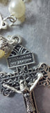 Beautiful one of a kind pearl and vintage silver wedding rosary with a stunning vintage silver ornate Pardon Crucifix. Kim Williams Patenôtrier Rosaries, The Village Artist, Proudly South African, handmade. Catholic Store South African.