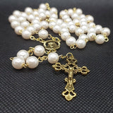 Mater Dolorosa Our Lady of Sorrows Loreta Crucifix vintage pearl rosary, the village artist, Kim Williams rosaries