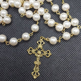 Mater Dolorosa Our Lady of Sorrows Loreta Crucifix vintage pearl rosary, the village artist, Kim Williams rosaries