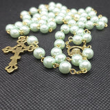 Mater Dolorosa Our Lady of Sorrows Loreta Crucifix vintage pearl rosary, the village artist, Kim Williams rosaries
