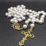Mater Dolorosa Our Lady of Sorrows Loreta Crucifix vintage pearl rosary, the village artist, Kim Williams rosaries