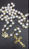 Mater Dolorosa Our Lady of Sorrows Loreta Crucifix vintage pearl rosary, the village artist, Kim Williams rosaries