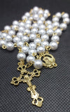 Mater Dolorosa Our Lady of Sorrows Loreta Crucifix vintage pearl rosary, the village artist, Kim Williams rosaries