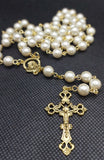 Mater Dolorosa Our Lady of Sorrows Loreta Crucifix vintage pearl rosary, the village artist, Kim Williams rosaries