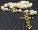 Mater Dolorosa Our Lady of Sorrows Loreta Crucifix vintage pearl rosary, the village artist, Kim Williams rosaries