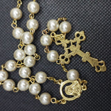 Mater Dolorosa Our Lady of Sorrows Loreta Crucifix vintage pearl rosary, the village artist, Kim Williams rosaries