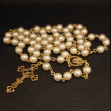 Mater Dolorosa Our Lady of Sorrows Loreta Crucifix vintage pearl rosary, the village artist, Kim Williams rosaries