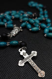 Beautiful detailed Medjugorje turquoise blue wooden and black glass Madonna and Child Sacred Heart Rosary. Kim Williams Rosaries. The Village artist.
