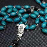Beautiful detailed Medjugorje turquoise blue wooden and black glass Madonna and Child Sacred Heart Rosary. Kim Williams Rosaries. The Village artist.