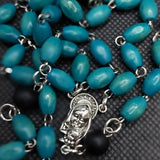 Beautiful detailed Medjugorje turquoise blue wooden and black glass Madonna and Child Sacred Heart Rosary. Kim Williams Rosaries. The Village artist.