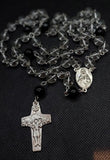 Beautiful Catholic Rosary. Handcrafted black and translucent glass beaded Rosary with a Pope Francis Crucifix and beautiful Sacred Heart of Jesus / Immaculate Heart of Mary Center Piece. By Kim Williams Rosaries. The Village Artist.