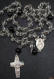 Beautiful Catholic Rosary. Handcrafted black and translucent glass beaded Rosary with a Pope Francis Crucifix and beautiful Sacred Heart of Jesus / Immaculate Heart of Mary Center Piece. By Kim Williams Rosaries. The Village Artist.
