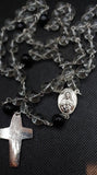 Beautiful Catholic Rosary. Handcrafted black and translucent glass beaded Rosary with a Pope Francis Crucifix and beautiful Sacred Heart of Jesus / Immaculate Heart of Mary Center Piece. By Kim Williams Rosaries. The Village Artist.