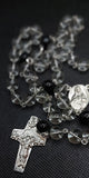Beautiful Catholic Rosary. Handcrafted black and translucent glass beaded Rosary with a Pope Francis Crucifix and beautiful Sacred Heart of Jesus / Immaculate Heart of Mary Center Piece. By Kim Williams Rosaries. The Village Artist.