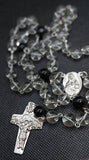 Beautiful Catholic Rosary. Handcrafted black and translucent glass beaded Rosary with a Pope Francis Crucifix and beautiful Sacred Heart of Jesus / Immaculate Heart of Mary Center Piece. By Kim Williams Rosaries. The Village Artist.