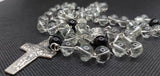 Beautiful Catholic Rosary. Handcrafted black and translucent glass beaded Rosary with a Pope Francis Crucifix and beautiful Sacred Heart of Jesus / Immaculate Heart of Mary Center Piece. By Kim Williams Rosaries. The Village Artist.