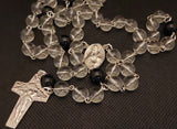 Beautiful Catholic Rosary. Handcrafted black and translucent glass beaded Rosary with a Pope Francis Crucifix and beautiful Sacred Heart of Jesus / Immaculate Heart of Mary Center Piece. By Kim Williams Rosaries. The Village Artist.