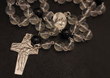 Beautiful Catholic Rosary. Handcrafted black and translucent glass beaded Rosary with a Pope Francis Crucifix and beautiful Sacred Heart of Jesus / Immaculate Heart of Mary Center Piece. By Kim Williams Rosaries. The Village Artist.