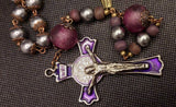 heirloom St Benedict Praying Madonna Catholic Rosary. Handmade Indian glass beads, wooden beads and soft metallic pearl beads. Kim Williams Rosaries. The Village Artist.