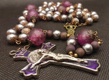 heirloom St Benedict Praying Madonna Catholic Rosary. Handmade Indian glass beads, wooden beads and soft metallic pearl beads. Kim Williams Rosaries. The Village Artist.