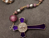 heirloom St Benedict Praying Madonna Catholic Rosary. Handmade Indian glass beads, wooden beads and soft metallic pearl beads. Kim Williams Rosaries. The Village Artist.