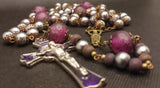 heirloom St Benedict Praying Madonna Catholic Rosary. Handmade Indian glass beads, wooden beads and soft metallic pearl beads. Kim Williams Rosaries. The Village Artist.