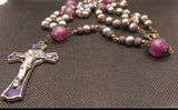 heirloom St Benedict Praying Madonna Catholic Rosary. Handmade Indian glass beads, wooden beads and soft metallic pearl beads. Kim Williams Rosaries. The Village Artist.