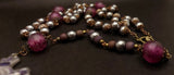heirloom St Benedict Praying Madonna Catholic Rosary. Handmade Indian glass beads, wooden beads and soft metallic pearl beads. Kim Williams Rosaries. The Village Artist.