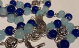 Pope John Paull II Papal crucifix handmade rosary, sapphire and ice blue glass beads, vintage metal roses, Madonna and child center piece, the village artist, one-of-a-kind handmade rosaries, Patenôtrier,  South African artist and jeweler.