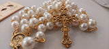 Beautiful one of a kind ivory pearl beads with gold Our Lady of Sorrows Mater Dolorosa  center piece and detailed Loretta fleur de Lis gold crucifix. Kim Williams Patenôtrier Rosaries, The Village Artist, Proudly South African, handmade. Catholic Store South African.