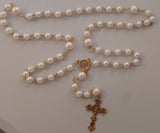 Beautiful one of a kind ivory pearl beads with gold Our Lady of Sorrows Mater Dolorosa  center piece and detailed Loretta fleur de Lis gold crucifix. Kim Williams Patenôtrier Rosaries, The Village Artist, Proudly South African, handmade. Catholic Store South African.
