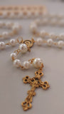 Beautiful one of a kind ivory pearl beads with gold Our Lady of Sorrows Mater Dolorosa  center piece and detailed Loretta fleur de Lis gold crucifix. Kim Williams Patenôtrier Rosaries, The Village Artist, Proudly South African, handmade. Catholic Store South African.