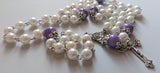 Beautifully detailed one of a kind pearl and lilac wedding Rosary with a vintage silver double sided Rose of Our Lady center piece and a detailed ornate Medjugorje crucifix. Kim Williams Patenôtrier Rosaries, The Village Artist, Proudly South African, handmade. Catholic Store South African.