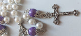 Beautifully detailed one of a kind pearl and lilac wedding Rosary with a vintage silver double sided Rose of Our Lady center piece and a detailed ornate Medjugorje crucifix. Kim Williams Patenôtrier Rosaries, The Village Artist, Proudly South African, handmade. Catholic Store South African.