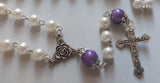 Beautifully detailed one of a kind pearl and lilac wedding Rosary with a vintage silver double sided Rose of Our Lady center piece and a detailed ornate Medjugorje crucifix. Kim Williams Patenôtrier Rosaries, The Village Artist, Proudly South African, handmade. Catholic Store South African.