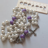 Beautifully detailed one of a kind pearl and lilac wedding Rosary with a vintage silver double sided Rose of Our Lady center piece and a detailed ornate Medjugorje crucifix. Kim Williams Patenôtrier Rosaries, The Village Artist, Proudly South African, handmade. Catholic Store South African.