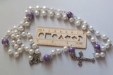 Beautifully detailed one of a kind pearl and lilac wedding Rosary with a vintage silver double sided Rose of Our Lady center piece and a detailed ornate Medjugorje crucifix. Kim Williams Patenôtrier Rosaries, The Village Artist, Proudly South African, handmade. Catholic Store South African.