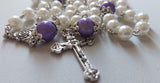 Beautifully detailed one of a kind pearl and lilac wedding Rosary with a vintage silver double sided Rose of Our Lady center piece and a detailed ornate Medjugorje crucifix. Kim Williams Patenôtrier Rosaries, The Village Artist, Proudly South African, handmade. Catholic Store South African.