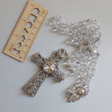 Beautifully detailed one of a kind high quality Swarovski crystal beads, sliver wedding Rosary with stunningly detailed Praying Mary center piece, filigree ornate cross with imbedded diamante wedding rosary. Kim Williams Patenôtrier Rosaries, The Village Artist, Proudly South African, handmade. Catholic Store South African.