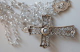 Beautifully detailed one of a kind high quality Swarovski crystal beads, sliver wedding Rosary with stunningly detailed Praying Mary center piece, filigree ornate cross with imbedded diamante wedding rosary. Kim Williams Patenôtrier Rosaries, The Village Artist, Proudly South African, handmade. Catholic Store South African.
