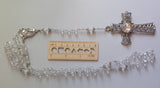 Beautifully detailed one of a kind high quality Swarovski crystal beads, sliver wedding Rosary with stunningly detailed Praying Mary center piece, filigree ornate cross with imbedded diamante wedding rosary. Kim Williams Patenôtrier Rosaries, The Village Artist, Proudly South African, handmade. Catholic Store South African.