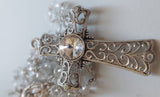Beautifully detailed one of a kind high quality Swarovski crystal beads, sliver wedding Rosary with stunningly detailed Praying Mary center piece, filigree ornate cross with imbedded diamante wedding rosary. Kim Williams Patenôtrier Rosaries, The Village Artist, Proudly South African, handmade. Catholic Store South African.