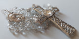 Beautifully detailed one of a kind high quality Swarovski crystal beads, sliver wedding Rosary with stunningly detailed Praying Mary center piece, filigree ornate cross with imbedded diamante wedding rosary. Kim Williams Patenôtrier Rosaries, The Village Artist, Proudly South African, handmade. Catholic Store South African.