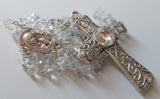 Beautifully detailed one of a kind high quality Swarovski crystal beads, sliver wedding Rosary with stunningly detailed Praying Mary center piece, filigree ornate cross with imbedded diamante wedding rosary. Kim Williams Patenôtrier Rosaries, The Village Artist, Proudly South African, handmade. Catholic Store South African.