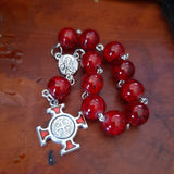 Catholic Rose Red Glass St Benedict Pocket Rosary