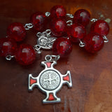 Catholic Rose Red Glass St Benedict Pocket Rosary
