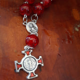 Catholic Rose Red Glass St Benedict Pocket Rosary